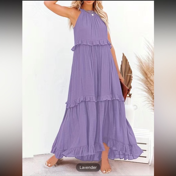 #138 Tiered Ankle Tank Dress, Vocation Backless Halter Neck Dress with Pockets - Picture 10 of 16